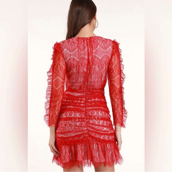 New Elliatt Rose Red Long Sleeve Ruched Lace Mini Dress Sz Small - Picture 2 of 16